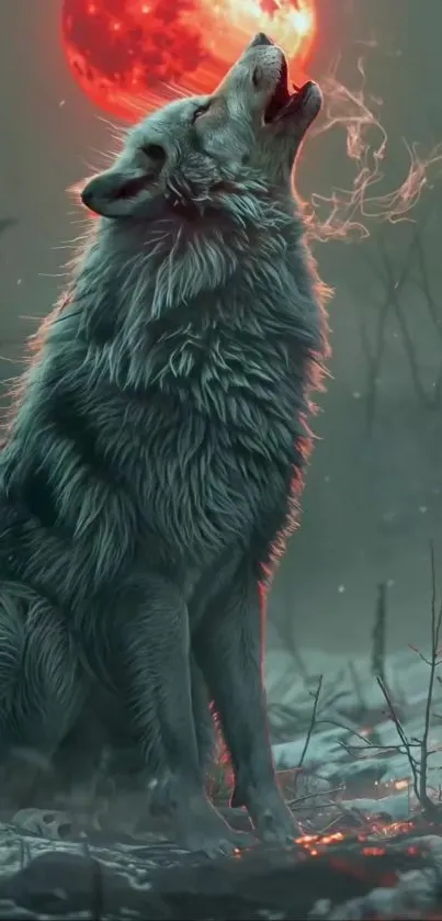 A majestic wolf howling under a vivid red moon in the forest.