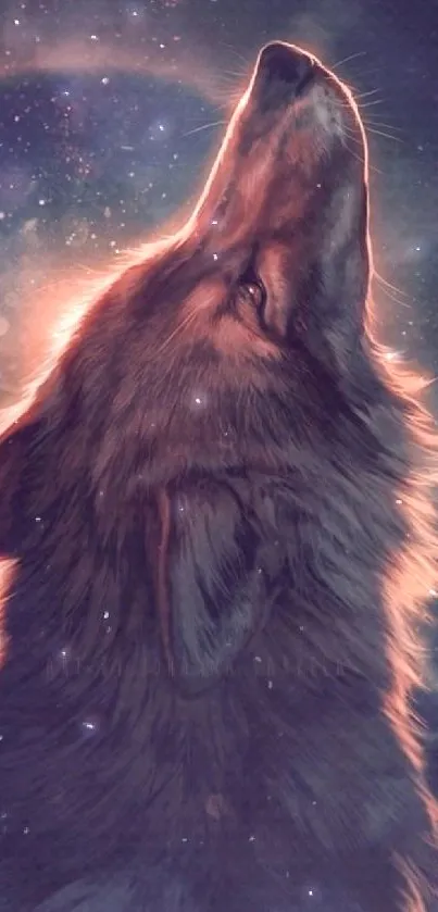 Mystical wolf howling under a cosmic moonlit sky.