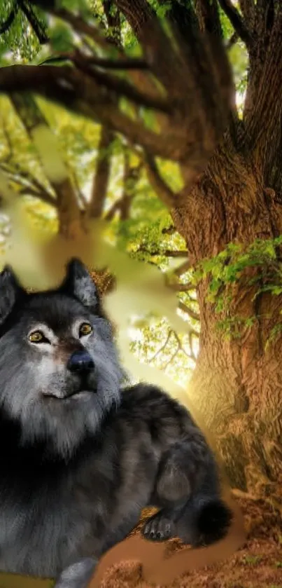 Majestic wolf beneath a large tree in nature-inspired digital wallpaper.