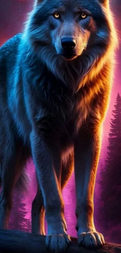 Majestic wolf standing under a colorful twilight sky.