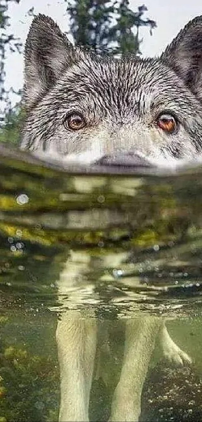 Wolf peering through water with trees in background, reflecting wilderness spirit.