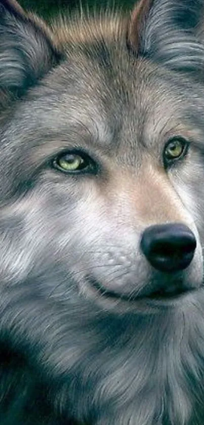 Lifelike gray wolf face in nature setting phone wallpaper.