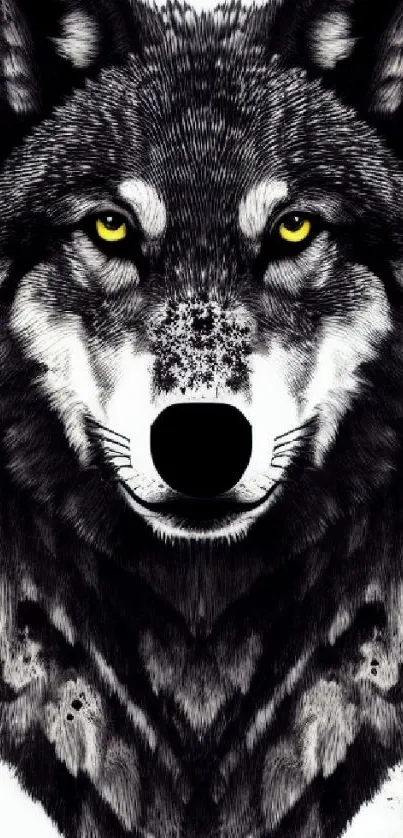 Artistic depiction of a majestic wolf with bright eyes on a black and white background.