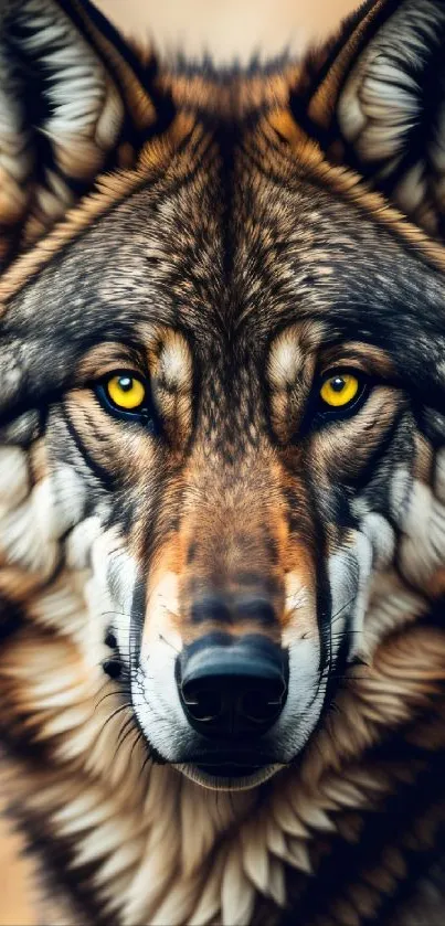 Close-up view of a wolf with vibrant eyes against a natural backdrop.