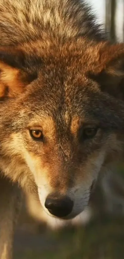 Majestic wolf with intense gaze in natural setting.