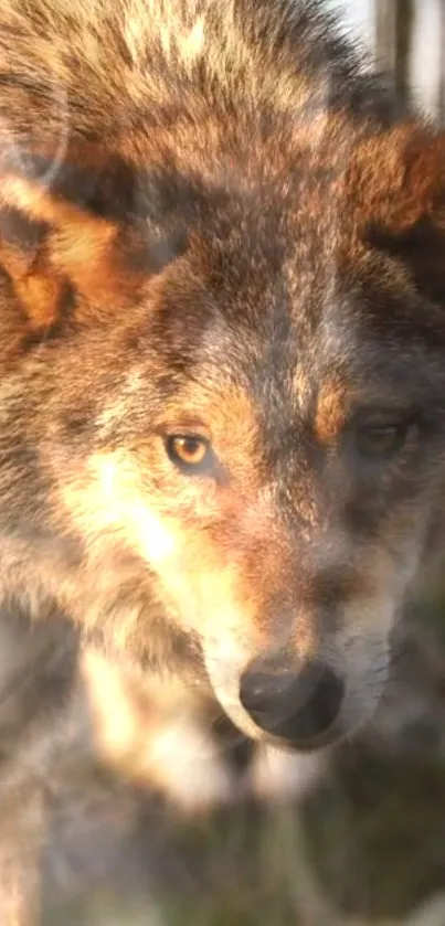 Majestic wolf captured in warm natural light with piercing gaze.