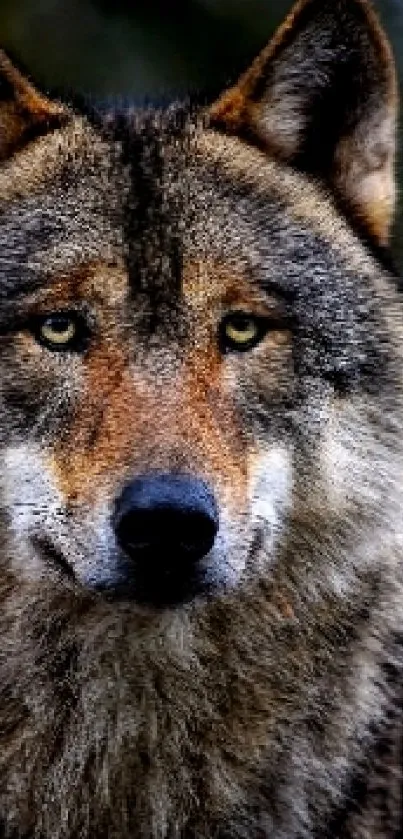 Majestic wolf face close-up on mobile wallpaper.