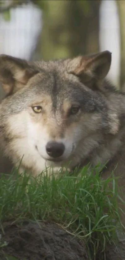 Majestic wolf posing on grassy forest floor.