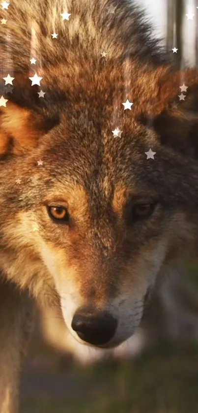 Majestic wolf with starry backdrop, perfect for nature lovers.