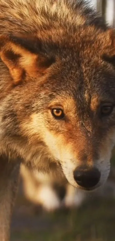 Closeup image of a majestic wolf in natural habitat.