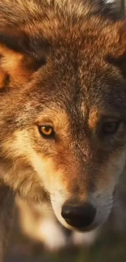 Close-up of a majestic wolf with intense eyes set in natural scenery.