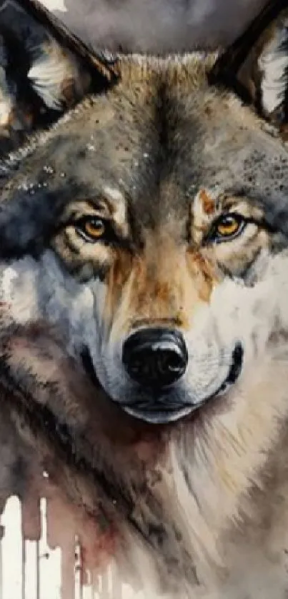 Watercolor painting of a majestic wolf with earthy tones and detailed textures.