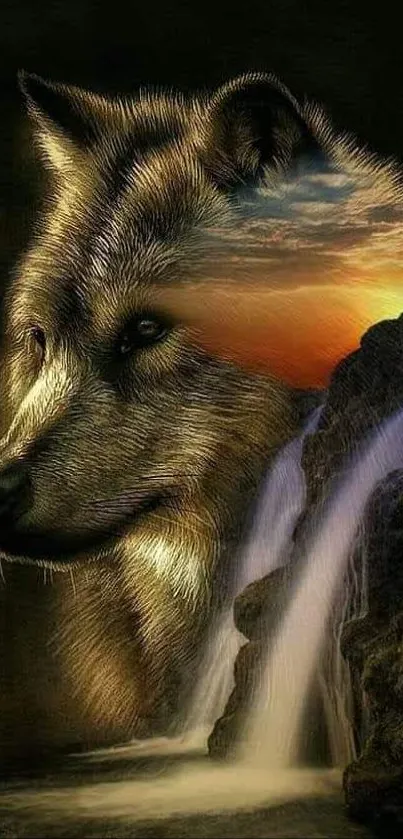 Majestic wolf blending with sunset waterfall in artistic wallpaper.