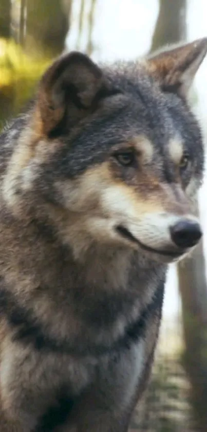 Majestic wolf in a serene forest setting, perfect mobile wallpaper.