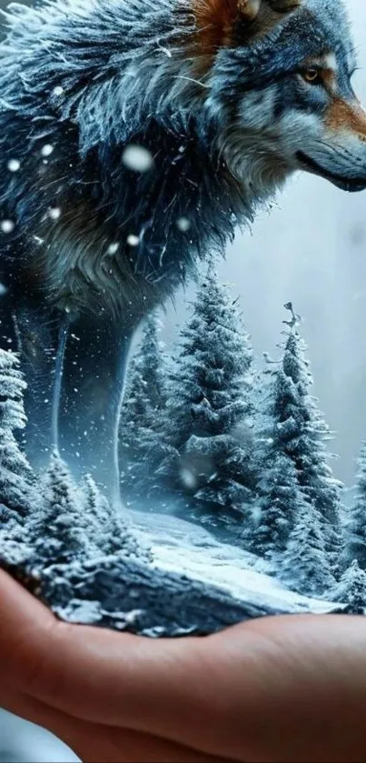 Wolf standing on a snowy forest landscape.