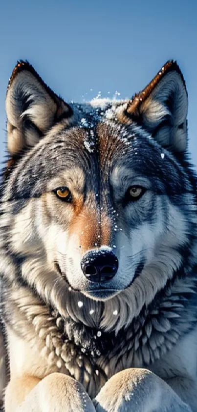 Majestic wolf in snowy landscape with blue sky and crisp winter atmosphere.
