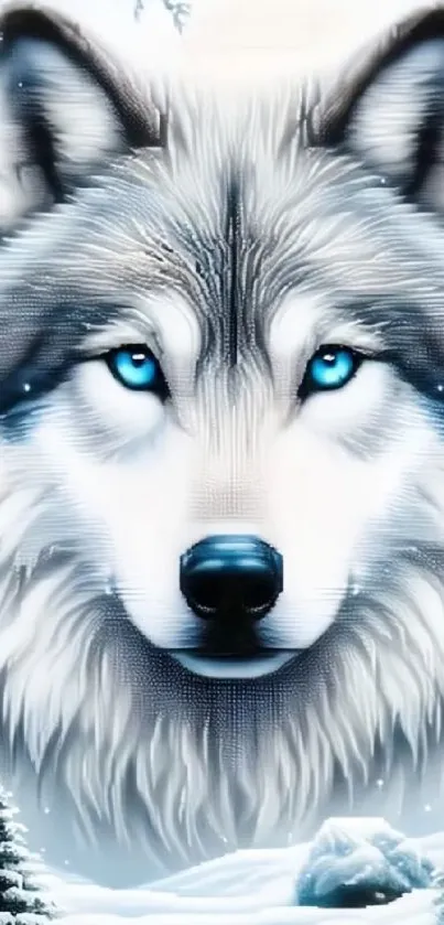 Majestic wolf with icy blue eyes art illustration.