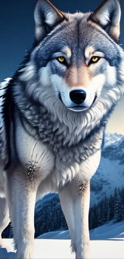 Majestic wolf standing in snowy mountain landscape under a starry sky.