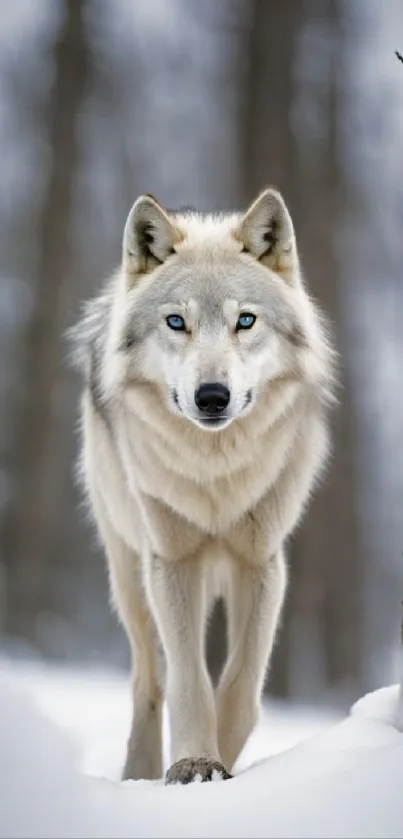 Majestic white wolf in snowy forest wallpaper.