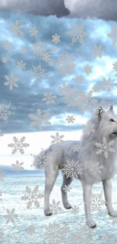 White wolf in snowy landscape with falling snowflakes.