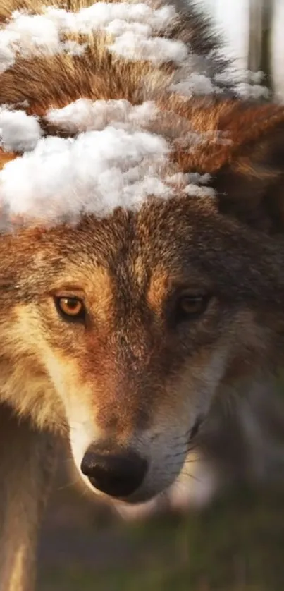 Majestic wolf beneath fluffy clouds in vibrant nature scene.