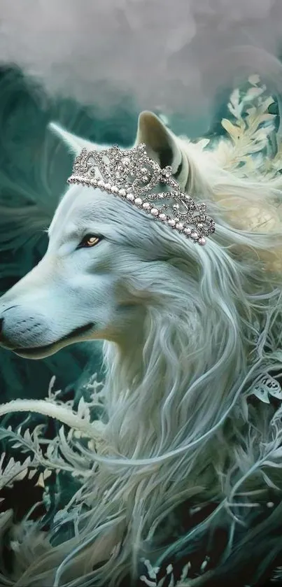 Majestic white wolf wearing a crown with a mystical background.