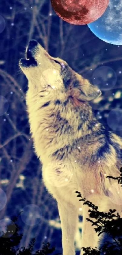 Wolf howling with dual moon in snowy forest.