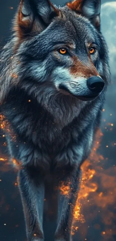 Majestic wolf with a fiery and mystical background.