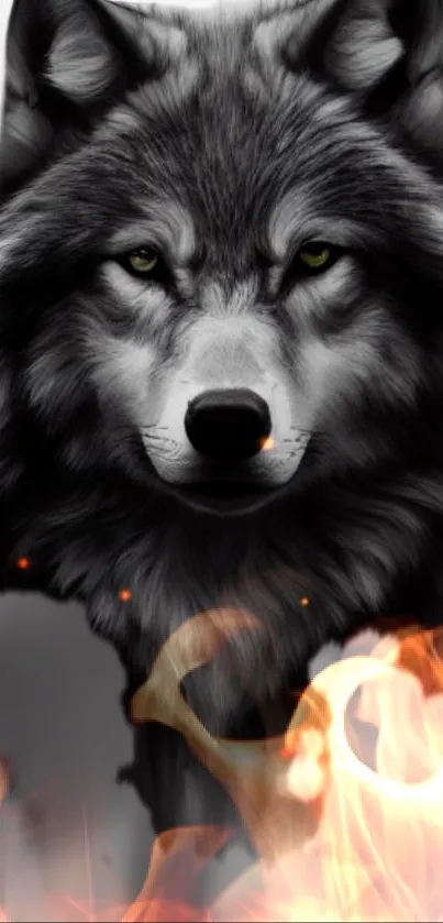 Majestic gray wolf surrounded by orange flames for phone wallpaper.