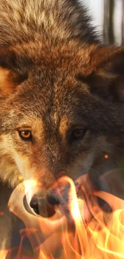 A majestic wolf behind vibrant flames, creating a dynamic wildlife scene.