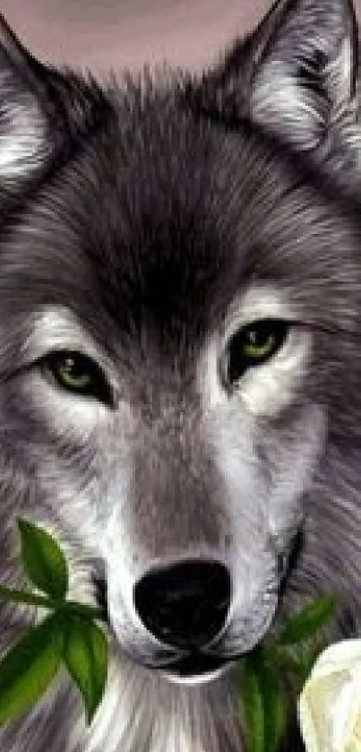 Majestic wolf holding flowers in its mouth with captivating eyes.