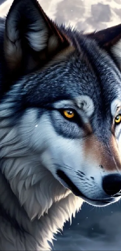 Majestic wolf with golden eyes under a luminous full moon.