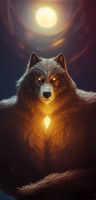 Majestic wolf with glowing eyes in a warm, fantasy setting.