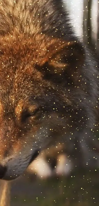 Majestic wolf with sparkles in a forest setting.