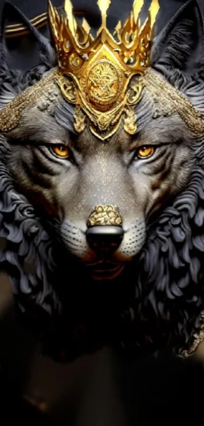 Majestic wolf wearing a golden crown on a black background.