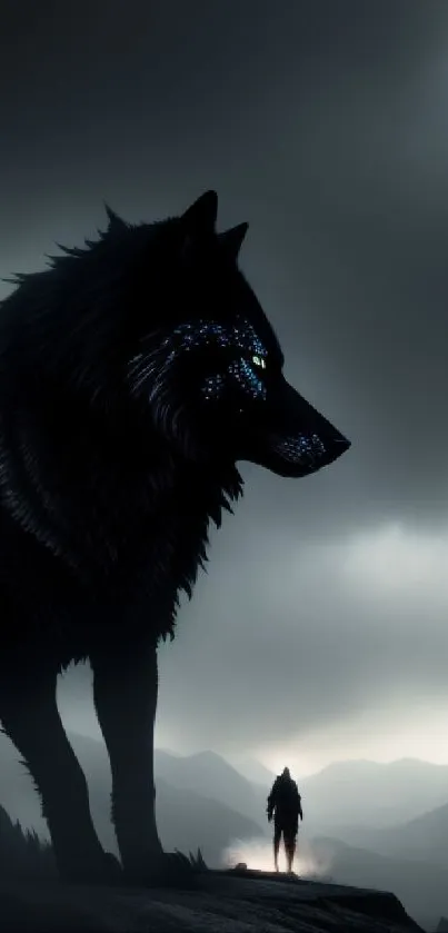 Majestic wolf silhouette with lone figure in moody landscape.