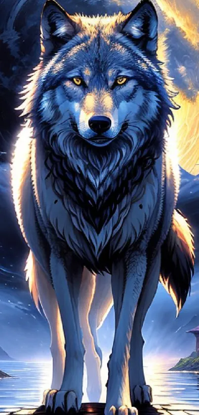 Majestic wolf standing under a glowing moon in a night landscape.