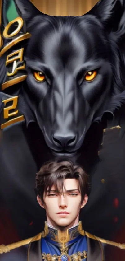 Artistic image of a wolf above a man in regal clothing.