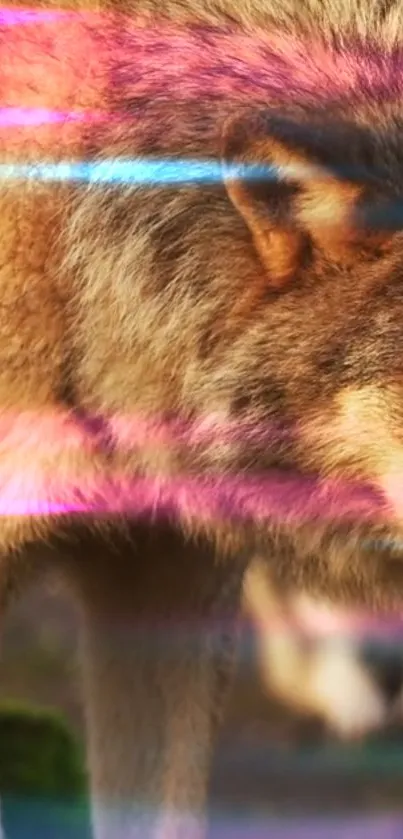 Brown wolf with neon pink and blue light streaks.