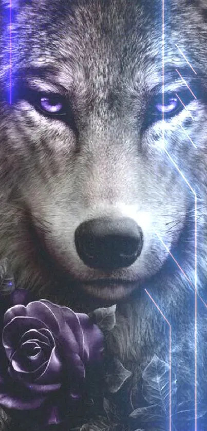 Majestic wolf with purple roses on a dark background, perfect mobile wallpaper.