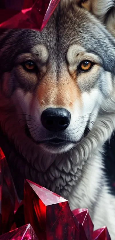 Majestic wolf surrounded by vivid red crystals, creating a striking wallpaper design.