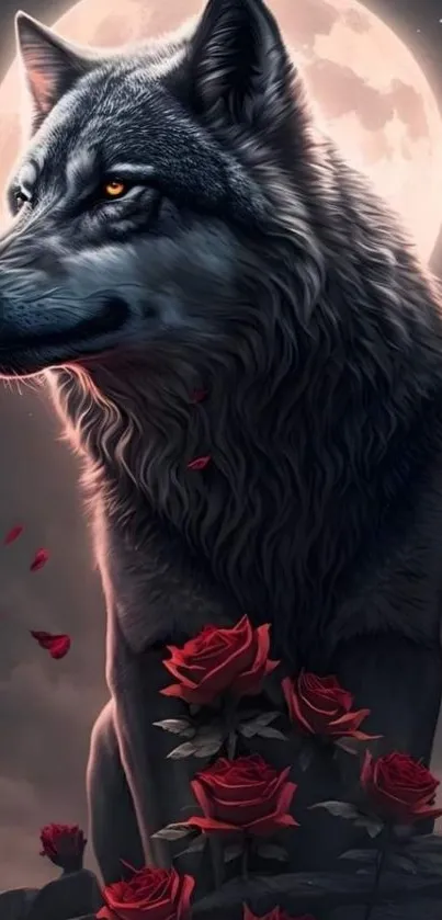 Majestic wolf surrounded by red roses under a glowing full moon.