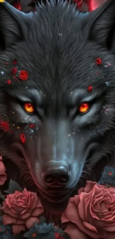 A striking wolf with fiery eyes, framed by red roses, against a dark backdrop.