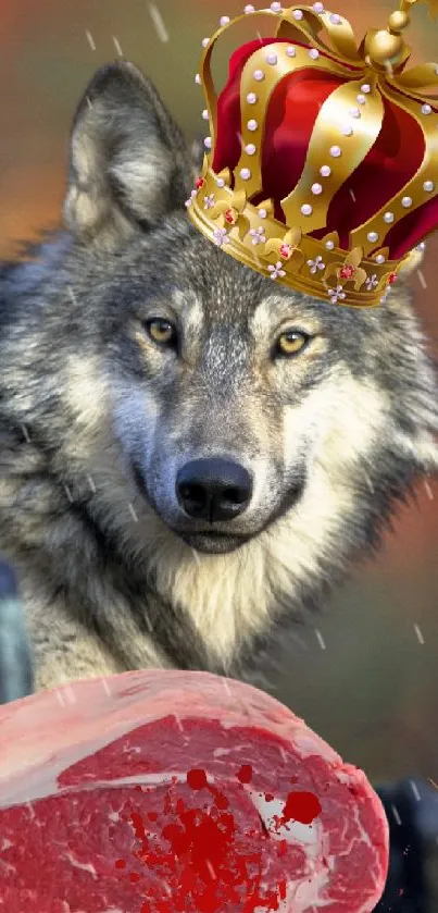 Wolf wearing a crown, with raw meat, in a natural setting.