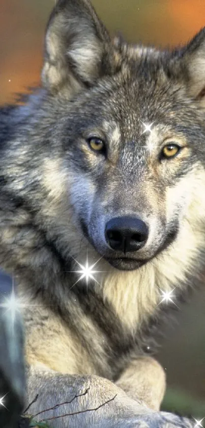 Majestic wolf with sparkles in nature setting.