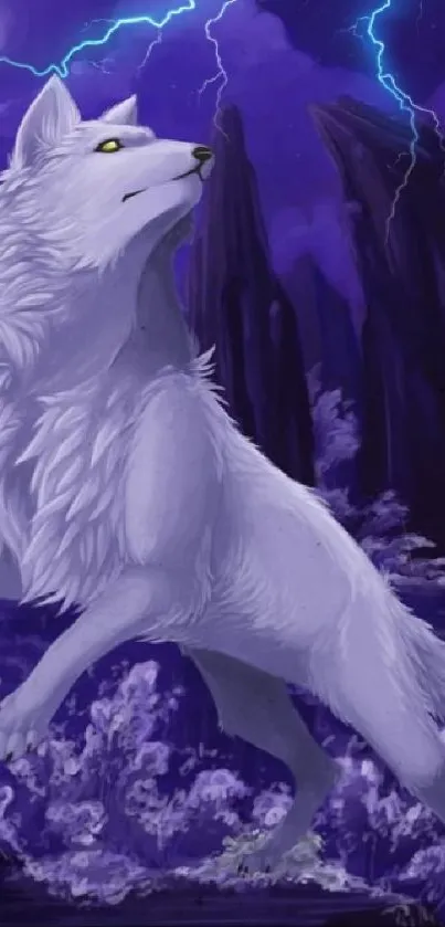 Majestic white wolf in purple landscape with lightning.