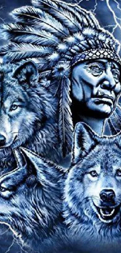 Mobile wallpaper of wolves with a native chief in a blue mystical setting.