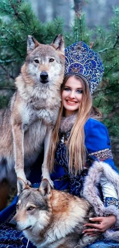 Woman with wolves in forest, wearing traditional attire.