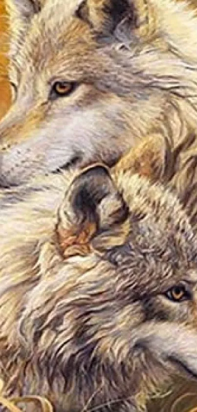 Two majestic wolves in close embrace, surrounded by earthy tones.