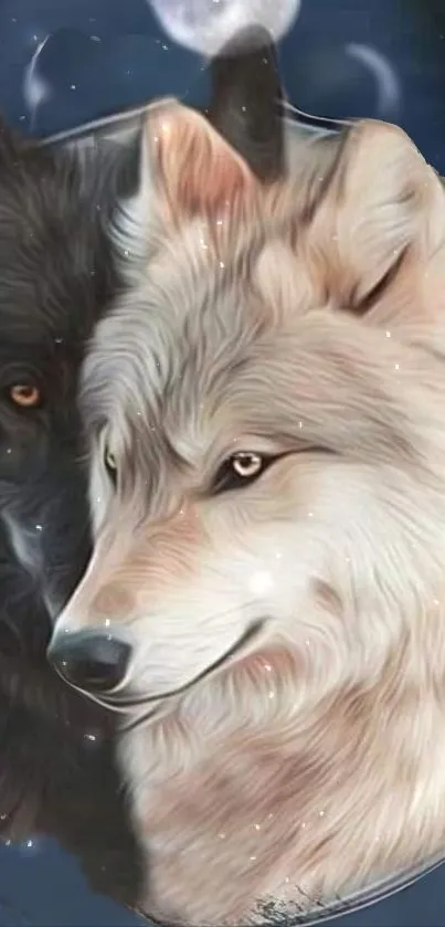 Two wolves under a moonlit sky, one white and one black.